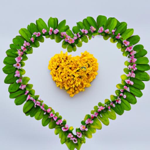 Hình ảnh lá và hoa chè vằng được sắp xếp thành hình trái tim sáng tạo