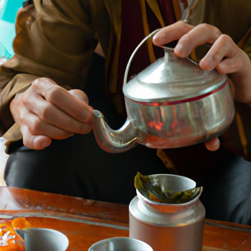Một người cầm ấm trà trong khi chuẩn bị pha trà vải