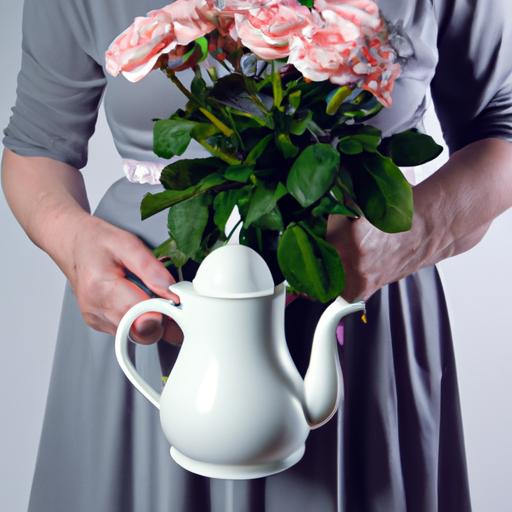 Một người phụ nữ cầm ấm trà và bó hoa hồng