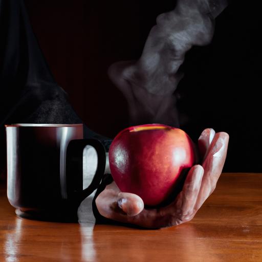 Đôi tay cầm một trá táo đỏ và một tách trà đen với hơi nước bốc lên từ đó.